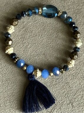 Navy Blue Beaded Tassel Stretch Bracelet for Women